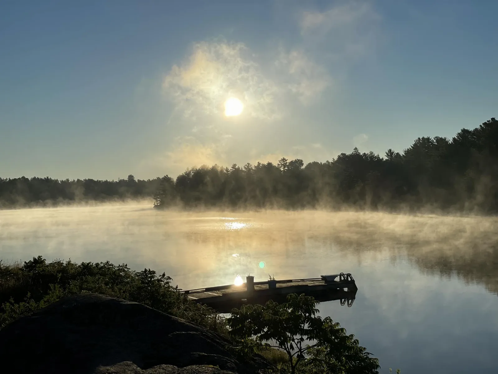 Misty sunrise over the French River at Hartley Bay Cottages