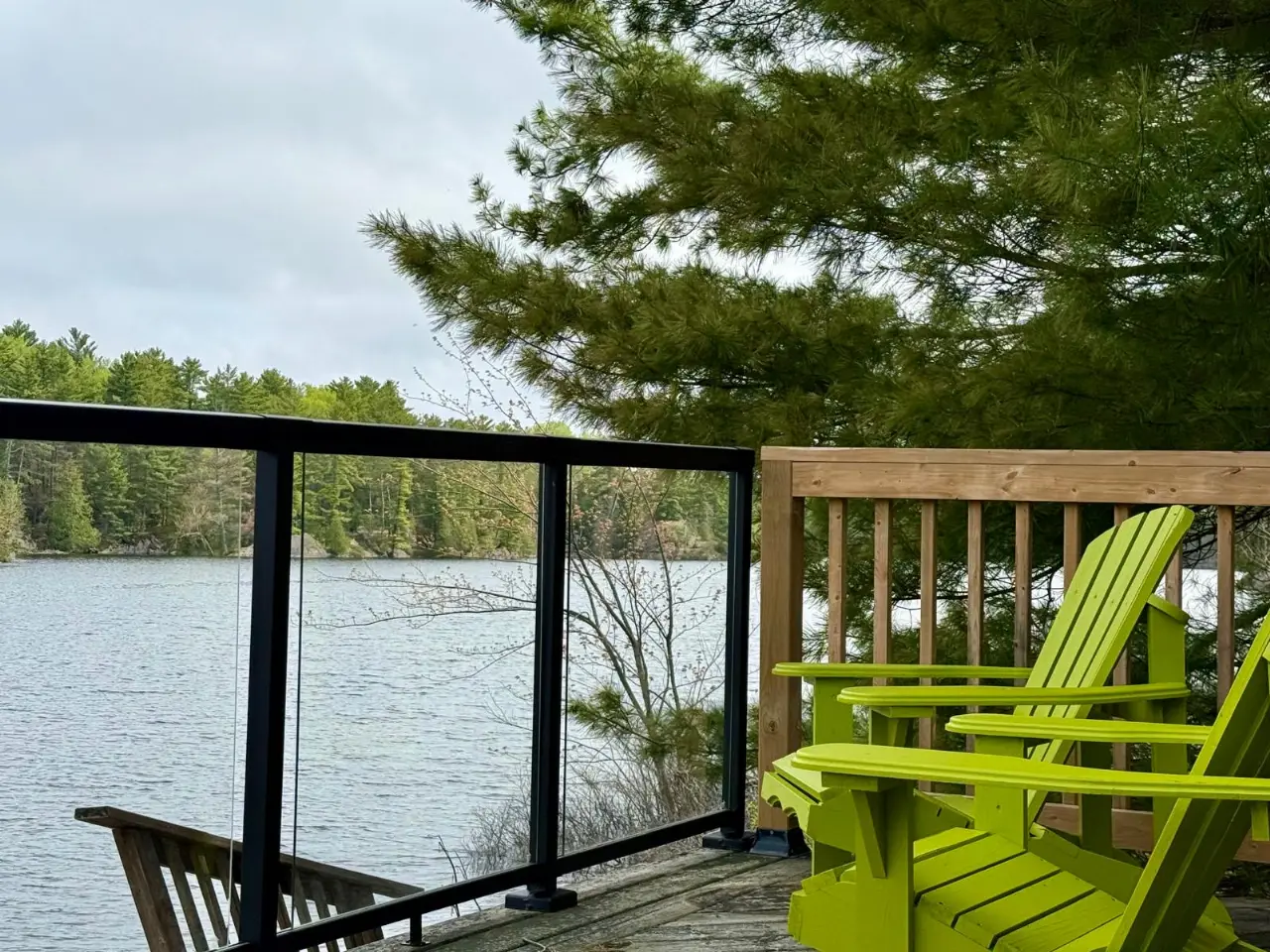 Deck with sweeping pines and lake views